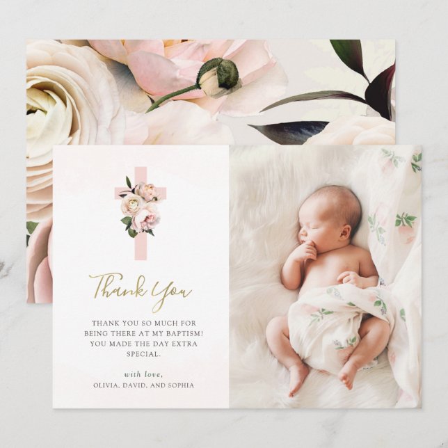 Pink Roses and Ferns with Photo | Gold Baptism Thank You Card (Front/Back)