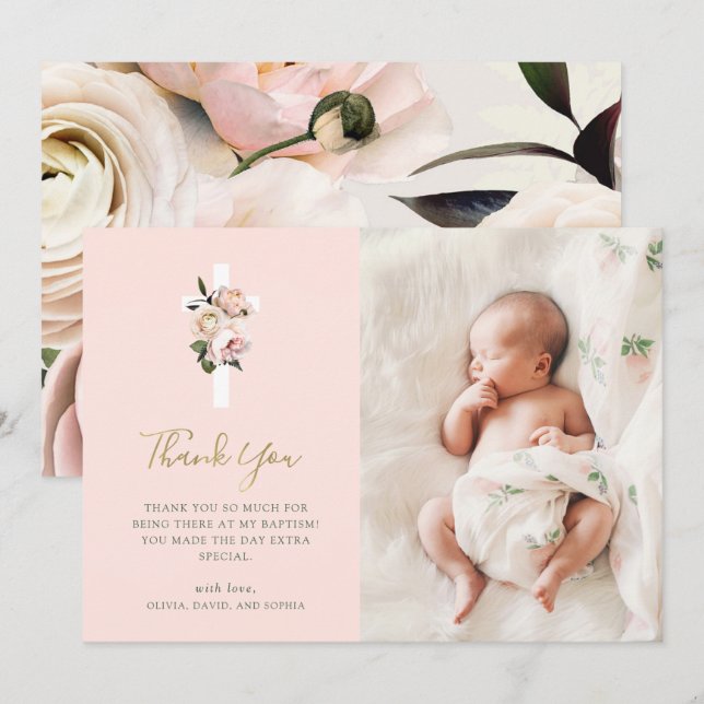 Pink Roses and Ferns with Photo | Gold Baptism Thank You Card (Front/Back)