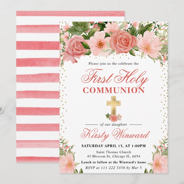 Pink Roses and Flowers First Holy Communion Invitation (Front/Back)