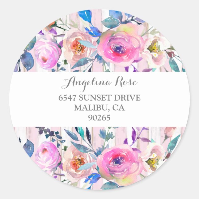 Pink Roses and Flowers with Pink Stripes Classic Round Sticker (Front)