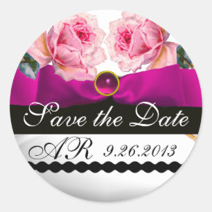 PINK ROSES AND FUCHSIA RIBBON MONOGRAM Gemstone Classic Round Sticker