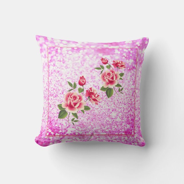 Pink Roses and Glitter Valentine Throw Pillow (Front)