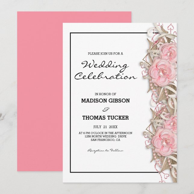 Pink Roses And Glitter Wedding Invitation (Front/Back)
