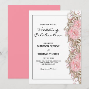 Pink Roses And Glitter Wedding Invitation