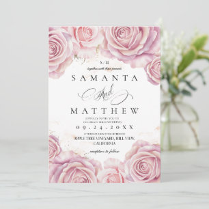 Pink Roses and Gold Dust Elegant Flower Wedding  Invitation