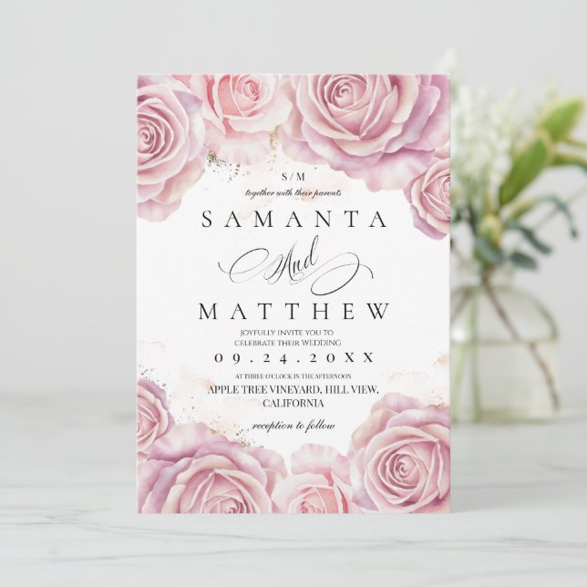 Pink Roses and Gold Dust Elegant Flower Wedding  Invitation (Standing Front)