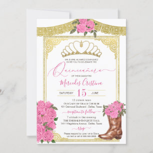 Pink Roses and Gold Floral Boot Charro Quinceanera Invitation