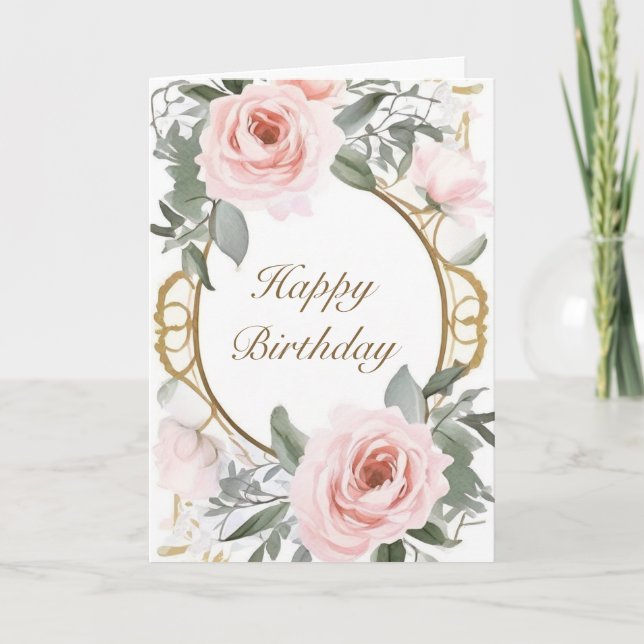 Pink Roses and Gold Frame Birthday Card (Front)