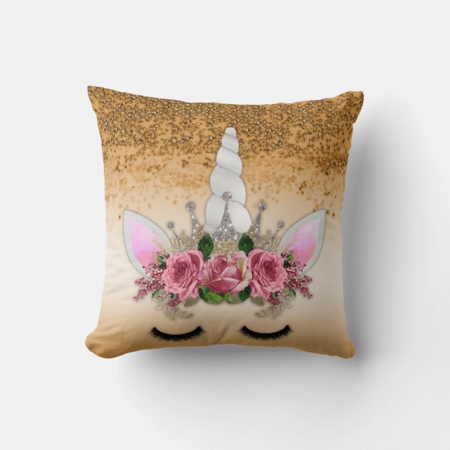 Pink Roses and Gold Glitter Unicorn Cushion (Front)