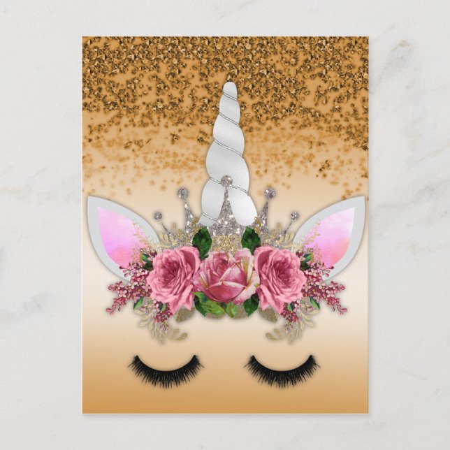 Pink Roses and Gold Glitter Unicorn Postcard (Front)