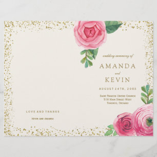 Pink Roses and Gold Glitter Wedding Programs