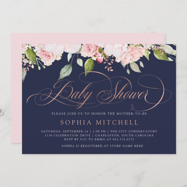 Pink Roses and Gold Script | Navy Baby Shower Invitation (Front/Back)