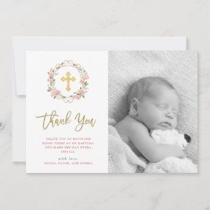 Pink Roses and Gold Script   Photo Baptism Thank You Card