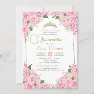 Pink Roses and Gold Tiara Floral Quinceanera Invitation