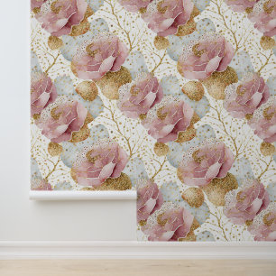 Pink roses and gold wallpaper