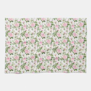 Pink Roses and Green Leaves Seamless Tea Towel