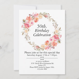 Pink Roses and Greenery, Customisable 50thBirthday Invitation