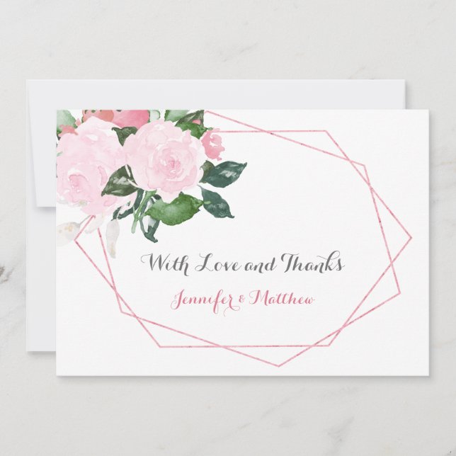 Pink Roses and Greenery Geometric Flat Thank You | (Front)