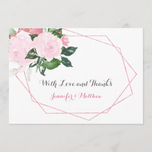 Pink Roses and Greenery Geometric Flat Thank You Card