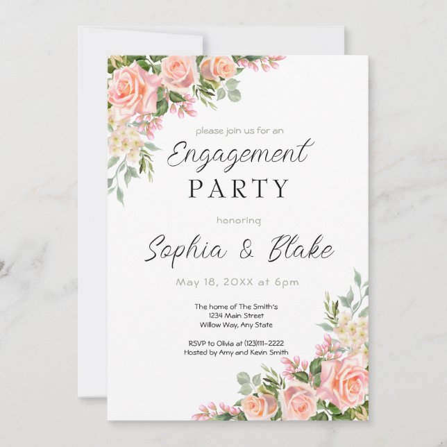 Pink Roses and Greenery | White Engagement Party  Invitation (Front)