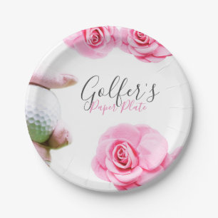 Pink roses and hand holds golf ball Paper Plate