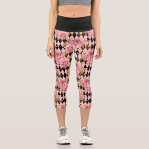 Pink Roses and Harlequin Capri Leggings