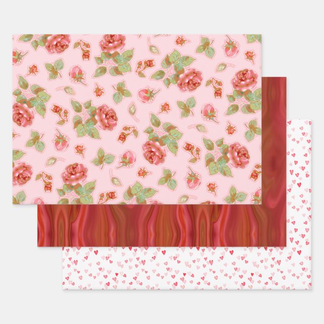 Pink Roses and Hearts Wrapping paper Sheet Set (Set)