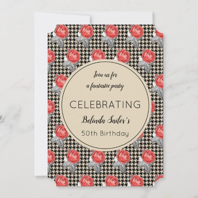Pink Roses and houndstooth design Birthday Party Invitation (Front)