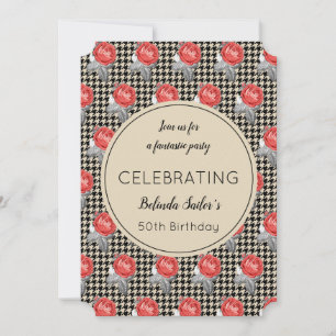Pink Roses and houndstooth design Birthday Party Invitation