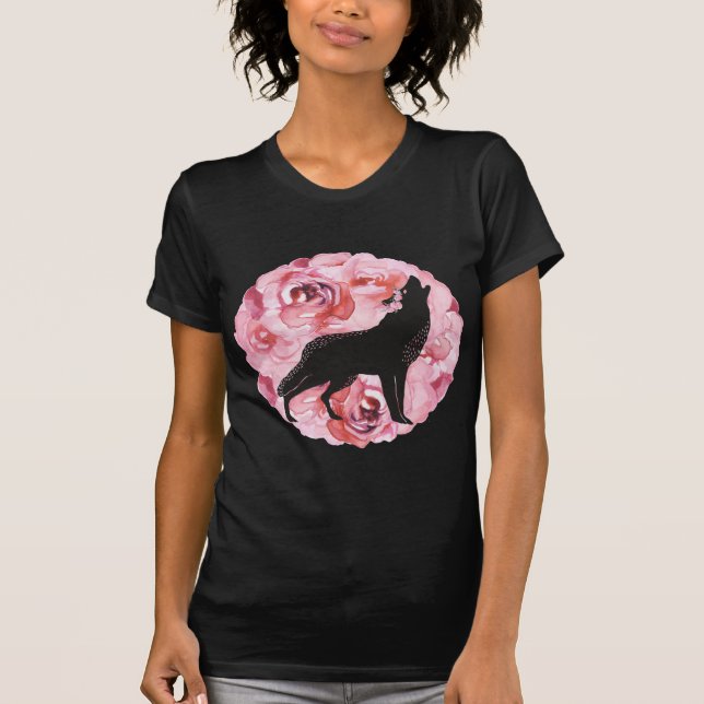 Pink Roses and Howling Black Wolf Shirt (Front)