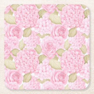 Pink Roses and Hydrangeas Garden Party Square Paper Coaster