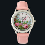PINK ROSES AND JASMINES,FLORAL MONOGRAM WATCH<br><div class="desc">Elegant , colourful,  romantic vintage style floral design
Red, pink roses, green leaves, white jasmines  by BALDESIGN3D.</div>