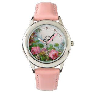 PINK ROSES AND JASMINES,FLORAL MONOGRAM WATCH