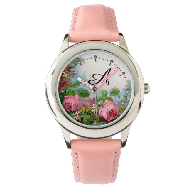 PINK ROSES AND JASMINES,FLORAL MONOGRAM WATCH (Front)