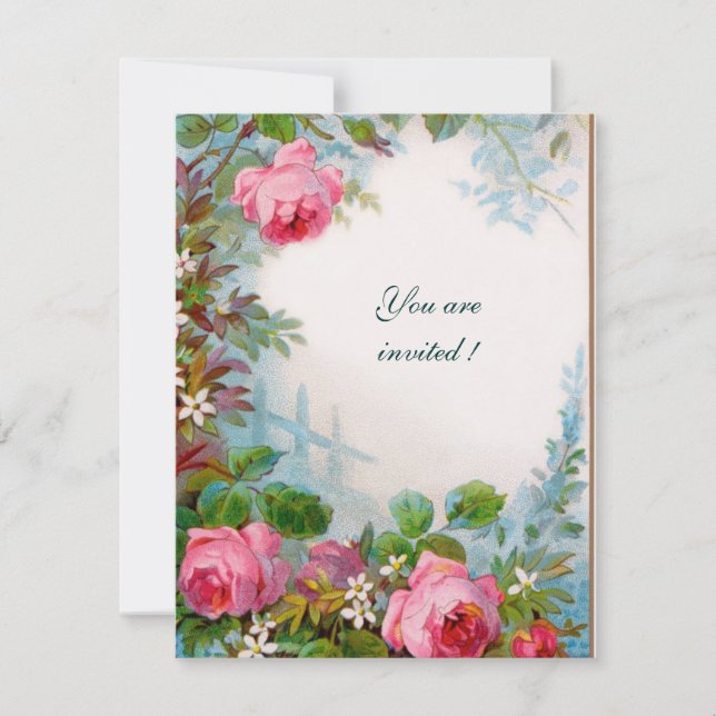 PINK ROSES AND JASMINES Floral White Invitation (Front)