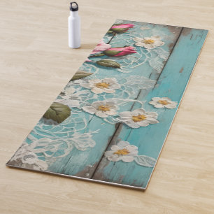 Pink Roses And Lace On Old Pealing Blue Wood Plank Yoga Mat