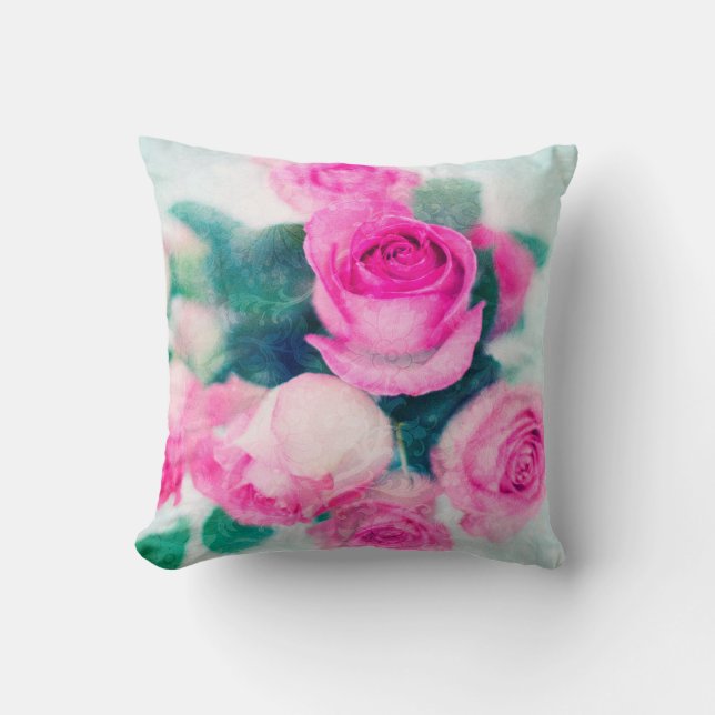 Pink Roses And Leafs Cushion (Front)