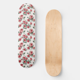 Pink Roses and Leaves Pattern Skateboard