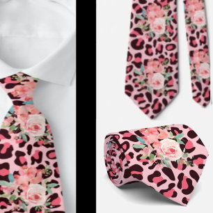 Pink Roses and Leopard Print Punk Rock Neck Tie