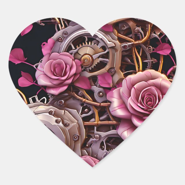Pink Roses and Metal Gears Steampunk Heart Sticker (Front)