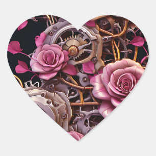 Pink Roses and Metal Gears Steampunk Heart Sticker
