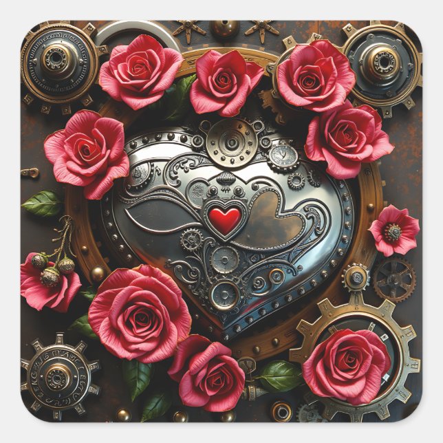 Pink Roses and Metal Heart and Gears Steampunk Square Sticker (Front)