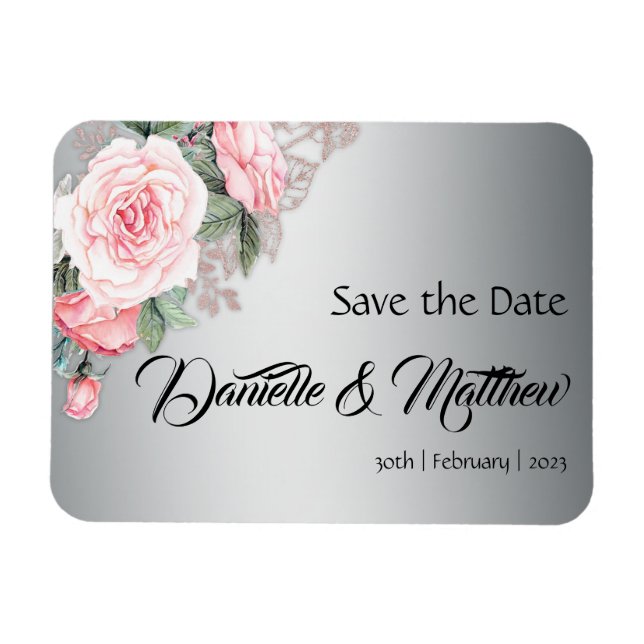 Pink Roses and Metallic Silver Save the Date Magnet (Horizontal)