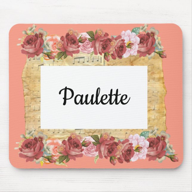 Pink Roses and Music Custom Vintage Mouse Mat (Front)