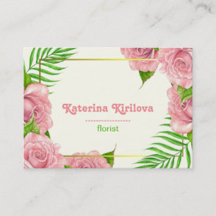 Pink roses and palm leaves business card