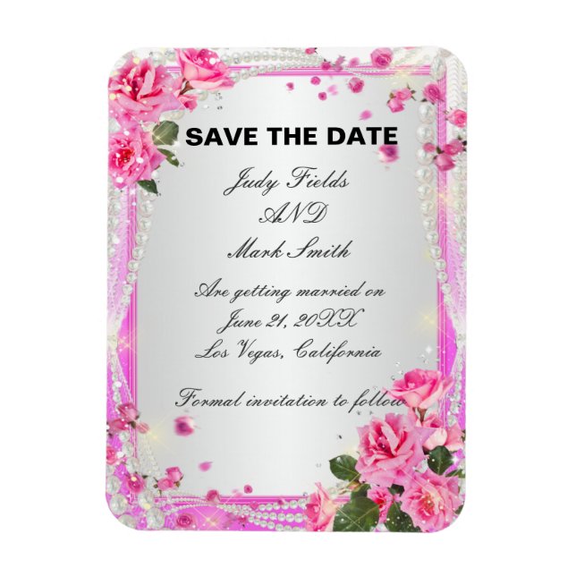 Pink Roses And Pearls Save The Date Magnet (Vertical)