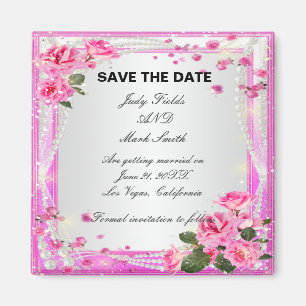 Pink Roses And Pearls Save The Date Magnet