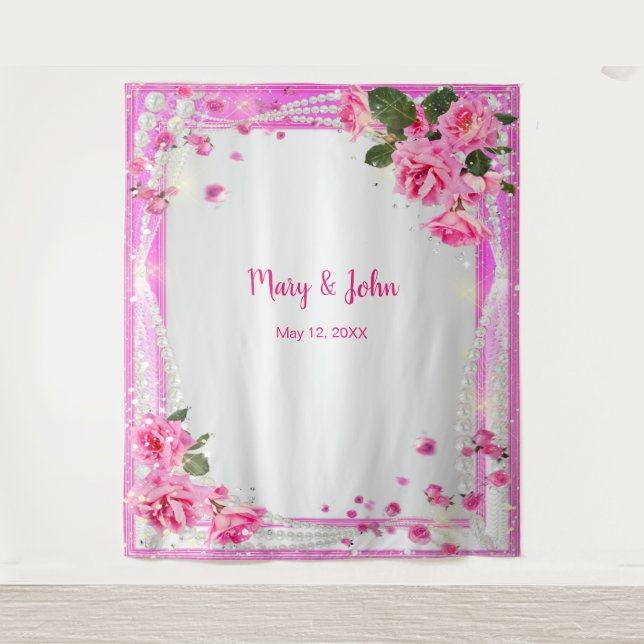 Pink Roses And Pearls Wedding Backdrop Tapestry (Front)
