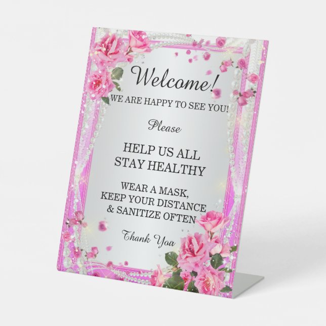Pink Roses And Pearls Wedding Safety  Pedestal Sign (Front)