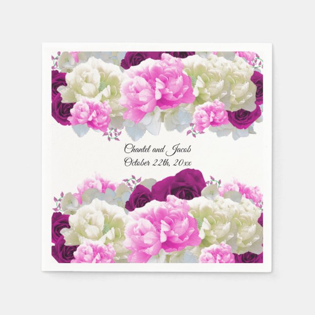 Pink Roses and Peonies Wedding Paper Napkins (Front)